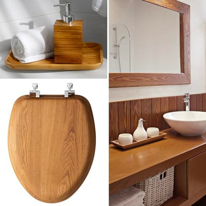 Mayfair Natural Oak Veneer Toilet Seat with Chrome Hinges, Round, Wood - size: Round