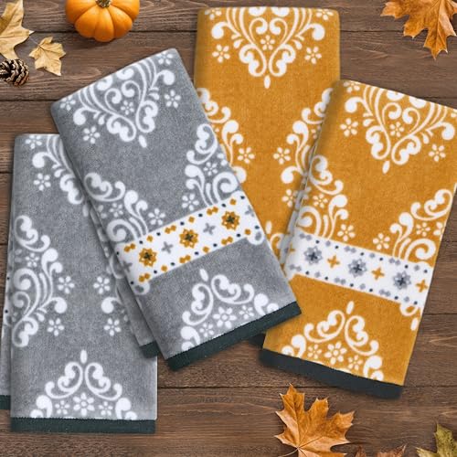 Print Hand Towels for Bathroom (15"x25", 4PC) - 100% Cotton | Not Thick | Soft | Absorbent | 400 GSM | Fluffy, Bathroom Towels Decorative Set for Guest/Daily Use, 2 Gray Damask + 2 Gold Damask - color: Gold + Gray, size: 4PC Hand Towels