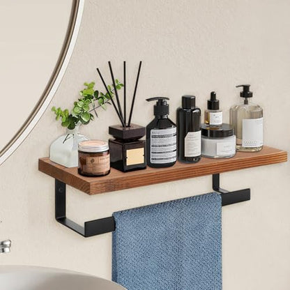 Hand Towel Holder/Towel Ring with Wooden Shelf, Hand Towel Rack, Hand Towel Hanger for Bathroom, Bath Accessories Wall Mounted, (Matte Black, 12"-Squ Shaped) - size: 12"-Squ Shaped