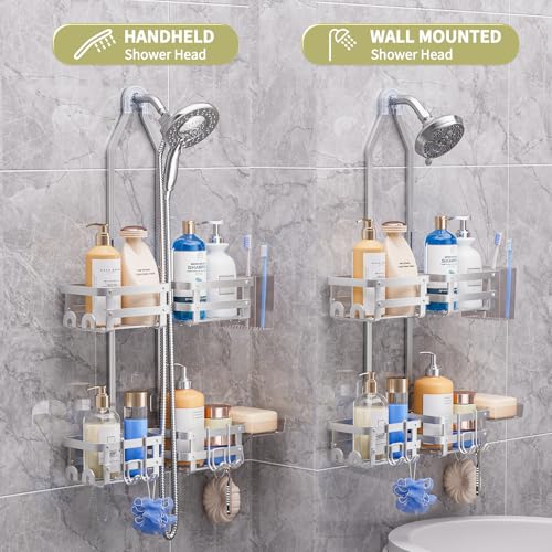 Aluminum Shower Caddy Hanging,Shower Caddy, Never Rust Shower Organizer | 4 Levels with adjustable Height 10 Hooks for Razor/Sponge - Rack with Soap Basket (Silver) - color: Silver