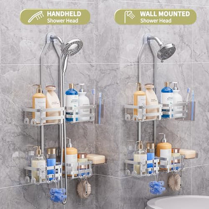 Aluminum Shower Caddy Hanging,Shower Caddy, Never Rust Shower Organizer | 4 Levels with adjustable Height 10 Hooks for Razor/Sponge - Rack with Soap Basket (Silver) - color: Silver