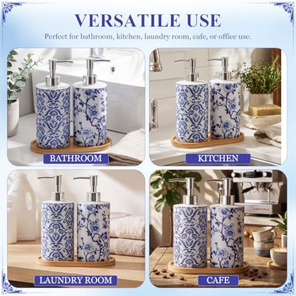2 Pcs Chinoiserie Floral Soap Dispensers with Wooden Tray | Glass Soap Dispensers, Refillable, Decorative Pump Bottles, for Bathroom, Kitchen, Countertop Decor