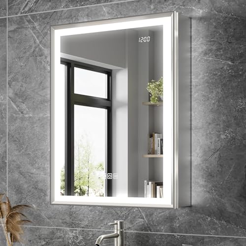 20x26 Lights Medicine Mirror Cabinet, Beveled Brushed Nickel Frame | Lighted Aluminum Bathroom Cabinet, Surface or Recessed Mount, Dimmable 3 Color Temp, Defog, Outlet, Clock, Sensor Inner Light - size: 20x26''(Right Hinge)