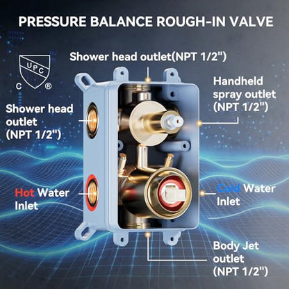 Brushed Gold Shower System with Body Jets, Bostingner 4 Way Shower Faucet Set with 2 in1 Handheld,Ceiling Mount 12 Inch Shower Head with 6 Inch Shower Head,4Pcs Body Jets With Dual Head Shower Set - color: Gold, size: 6+12 inch-01