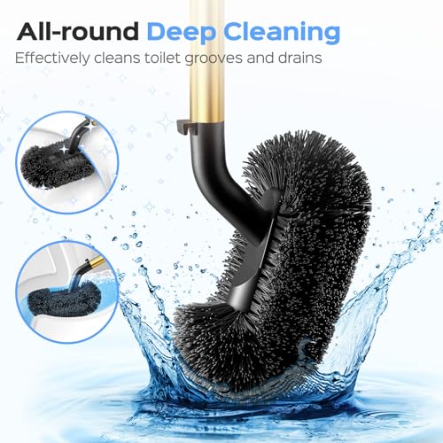 HAMITOR Toilet Plunger and Brush Set: 2 in 1 Stainless Steel Combo with Curved Bristles - Heavy Duty Toilet Unclogging for Family Bathroom - Compact Hideaway Apartment Cleaning Accessories - Gold - color: Gold