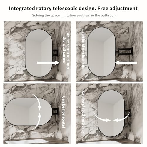 32" x 20" Black Oval Wall Mirror, Capsule Extendable Swivel Bathroom Vanity Makeup Mirror, 360 Rotation Folding Extendable Arm Vanity Mirror for Wall Shower Shaving