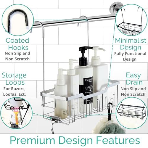 Small Shower Caddy Hanging - Shower Door Caddy Hanging with Rotatable Hooks and Adhesive Mount - Perfect for Bathroom Toiletries - Spacious & Convenient Bathroom Storage Solution 304 Stainless Steel - color: Single Tier - Silver