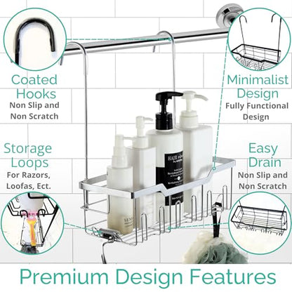 Small Shower Caddy Hanging - Shower Door Caddy Hanging with Rotatable Hooks and Adhesive Mount - Perfect for Bathroom Toiletries - Spacious & Convenient Bathroom Storage Solution 304 Stainless Steel - color: Single Tier - Silver