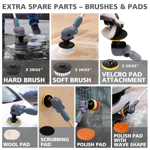 20V Cordless Spin Scrubber with Replaceable Battery, Electric Cleaning Brush with Long Handle & 8 Brush Heads for Outdoor, Bathroom, Tile, Grout, Shower, Bathtub