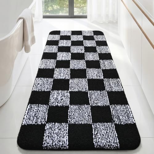 LOCHAS Long Bathroom Runner Rug 54×24, Checkered Bath Mat Non Slip, Black | Rubber Backing Absorbent Machine Washable, Microfiber Carpet for Kitchen Bedroom Entryway - color: Black, size: 54" x 24"