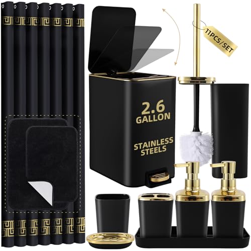 XLHOMO Bathroom Sets with Shower Curtain and Rugs Black Bathroom Accessories Bathroom Set,Soap Dispenser & Toilet Brush Holder Set with Stainless Steel Trash Can - size: Black, style: Bath Set+Shower Curtain+Bath Rugs