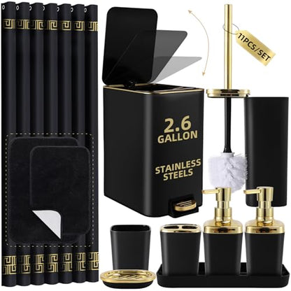 XLHOMO Bathroom Sets with Shower Curtain and Rugs Black Bathroom Accessories Bathroom Set,Soap Dispenser & Toilet Brush Holder Set with Stainless Steel Trash Can - size: Black, style: Bath Set+Shower Curtain+Bath Rugs