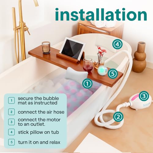 SereneLife Bubble Bath Mat - Portable Spa Bubble Bath Massager with Waterproof Bath Light & Pillow, Adjustable Bubble Intensity, Easy Button Control, Remote Control (Pink) - color: Pink