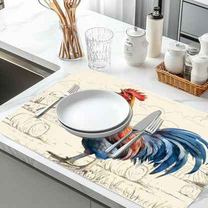 1pc Rooster Dish Drying Mat 23.6x17.7 Inch/60x45cm Microfiber Polyester Cotton Chicken Dishes Drainer Mat Absorbent Draining Pad Heat Resistant Coffee Bar Counter Mat With Hanging Loop Vintage - style: Rooster