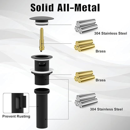 ZM Pop Up Drain Stopper with Overflow for Bathroom Faucet Vessel or Vanity Sink, Matte Black - style: Black With Overflow