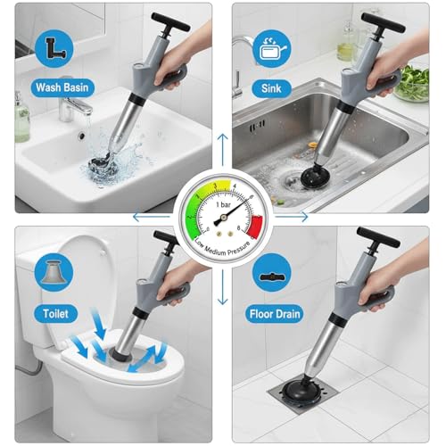 Toilet Plunger, High Pressure Toilet Plunger with Gloves,2 Hair Snake,2 Hair Filters, Toilet Auger Air Drain Blaster with Real-Time, Heavy Duty Plunger for Bathroom and Kitchen Plumbing Clogs