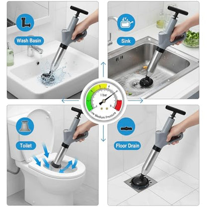 Toilet Plunger, High Pressure Toilet Plunger with Gloves,2 Hair Snake,2 Hair Filters, Toilet Auger Air Drain Blaster with Real-Time, Heavy Duty Plunger for Bathroom and Kitchen Plumbing Clogs