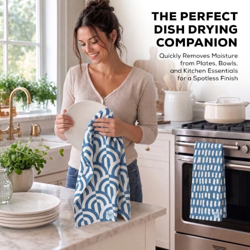 Kitchen Towels, Dish Towels for Kitchen, 2 Pc Kitchen Towel Set | Microfiber Waffle Towels, 16 x 26 inches, with Hanging Loops, Reusable Tea Towels, Cute Kitchen Towels - 2 Pack - color: Blue Geometric