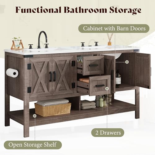 AMERLIFE 60" Gray Farmhouse Double Sink Bathroom Vanity, Solid White Top | Light Gray, Solid White Integrated Top, Moisture-Resistant MDF, 4 X-Panel Doors, 2 Drawers, Open Shelf, Paper Towel Holder - color: Light Gray, size: 60”