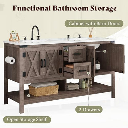 AMERLIFE 60" Gray Farmhouse Double Sink Bathroom Vanity, Solid White Top | Light Gray, Solid White Integrated Top, Moisture-Resistant MDF, 4 X-Panel Doors, 2 Drawers, Open Shelf, Paper Towel Holder - color: Light Gray, size: 60”