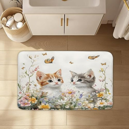 Butterfly and Kitten Floral Bath Mat Cute Cat Spring Farmhouse Rustic Farm Animal Garden Cats Pet Lover Wildflower Bath Mat Home Bathroom Kitchen Door Doormat Toilet Floor Carpet - size: 2' x 3'11" (Rectangular)