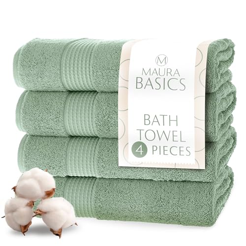 MAURA Basics Performance Bath Towels 100% Turkish Cotton with Hook Loops. Extra Large Luxury Absorbent Plush Towel Sets for Bathroom, Daily Use American Standard Size 27”x54”, Sage Green - color: Sage Green, size: Bath Towel (4-Pack)