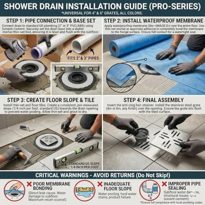 4-Inch Square Shower Drain Kit, Hex Bonding Flange, Brushed Silver | Removable 304 stainless steel grate with hair strainer; fits 2- and 3-inch pipes for tiled shower floors and wet areas - size: 4in-Brushed Stainless Steel(N)