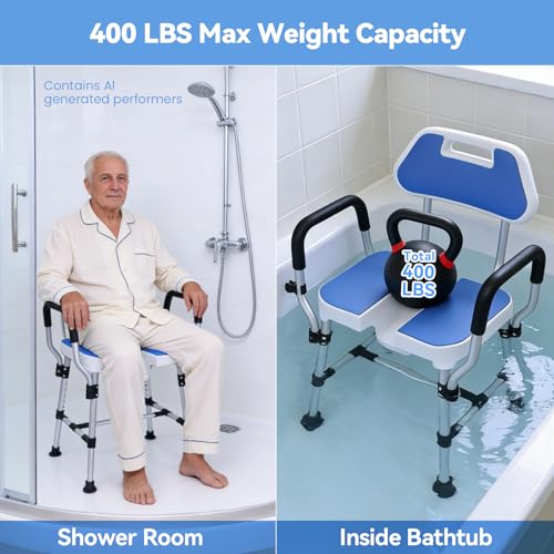 U-Shaped Shower Chair, 400 lbs Capacity, Adjustable Height Bath Seat, Blue | Shower Chair with Removable Back and Arms, Non-Slip Feet Bath Seat for Inside Shower, Shower Stool for Elderly and Disabled