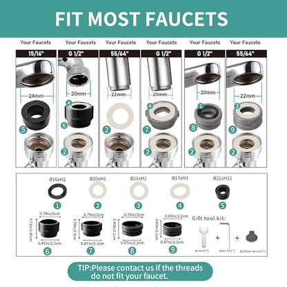 SELLO 1080° Rotating Faucet Extender for Bathroom Sink, Sink Water Faucet Aerator with Brass Extension, Sink Extender with Adjustable Swivel Arm, Fit to Faucet Threads G1/2, 15/16”, and 55/64”