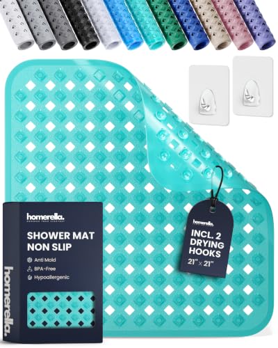 homerella Square Shower Mat Non Slip Anti Mold 21x21 Anti Slip Shower Mat | 100% BPA Free, Mildew Resistant, Machine Washable, Shower Mats for Inside Shower, Shower Floor Mat Mat Non Slip EU Certified - color: Clear Turquoise