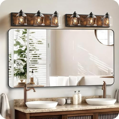 3-Light Bathroom Fixture, 23.2" Large Farmhouse Vanity Light, E26 Base (Bulbs Not Included), Thickened Glass Shade, for Bathroom, Bedroom, Vanity, Hallway, Rustic Brown and Black F17BD05 - size: 3-Light
