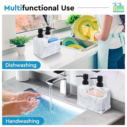 Kitchen Hand Soap and Dish Soap Dispenser Set,Dual Soap Dispenser with Sponge Holder 3-in-1 Organizer for Kitchen Sink,Bathroom,Useful Kitchen Gadgets - White Marble Look - color: 3 in 1 - White Marble Look