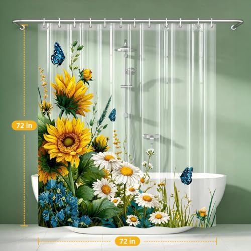 Clear Sun Flower Shower Curtain Liner, Yellow Plastic Transparent Pretty Shower Curtains for Bathroom, 72x72 Weighted Magnetic Shower Curtain Set with 12 Hooks - color: Clear Sunflower, size: 72"W x 72"L (Pack of 1)