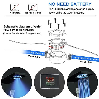 LED Rainfall Shower Tower System, Stainless Steel Hydroelectric Shower Panel Tower System (No battery need) with 6 Pcs Body Jets, Black - color: Black - 6 Body Jets