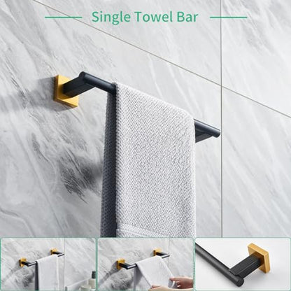 Miyili 4-Piece Bathroom Hardware Kit Set Stainless Steel Wall Mount - Includes Double Towel Bar, Hand Towel Rack, Toilet Paper Holder, Robe Hook, Black & Gold, BS02BG4 - color: Black & Gold