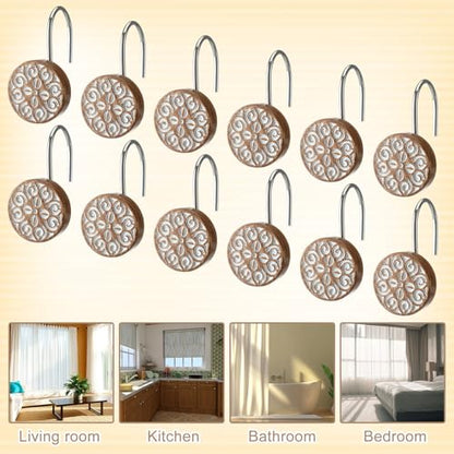 BreezeHug 12pcs Boho Shower Curtain Hooks Decorative Shower Curtain Hangers for Bathroom Rod Resin Round Rings with Brown Floral Pattern, Waterproof - style: Geometry