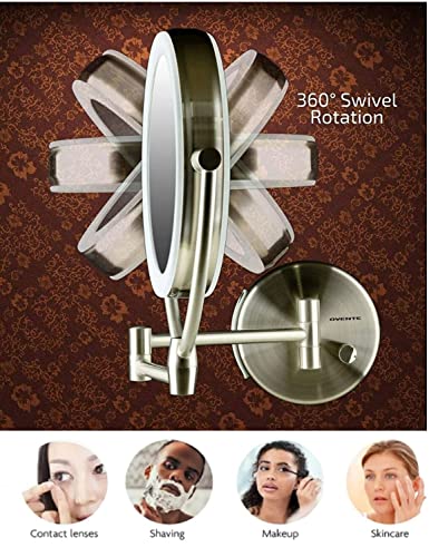Ovente 9.5" Lighted Wall Mount Makeup Mirror, 1X & 10X Magnifier, Spinning Double Sided Round LED Dimmer Switch, Extend, Retractable & Folding Arm, Battery USB Powered Nickel Brushed MLW45BR1X10X - color: Nickel Brushed, size: 13.4"L x 3.4"W, style: 10X M