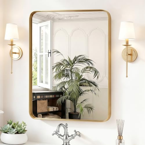 Sweetcrispy Bathroom Wall Mirror, 32x24 Inch Wall Mount Mirror for Over Sink, Modern Rounded Rectangle Vanity Mirrors with Matte Metal Framed, for Home Decor, Living Room, Bedroom, Gold - color: Gold-rect, size: 32"L x 24"W