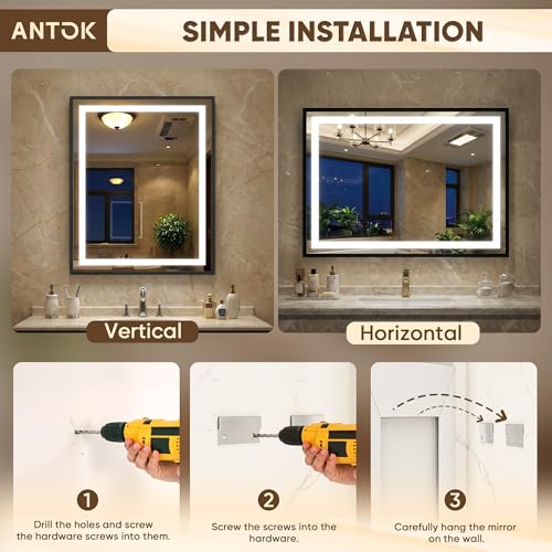 Antok 30X36 LED Bathroom Mirror with Lights, Vanity Mirror for Wall with Black Frame, Touch Control, Anti-Fog, Dimmable Lights, Shatter-Proof, Memory Function, Wall-Mounted Vanity Mirrors - size: 36"L x 30"W