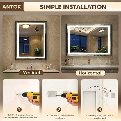Antok 30X36 LED Bathroom Mirror with Lights, Vanity Mirror for Wall with Black Frame, Touch Control, Anti-Fog, Dimmable Lights, Shatter-Proof, Memory Function, Wall-Mounted Vanity Mirrors - size: 36"L x 30"W