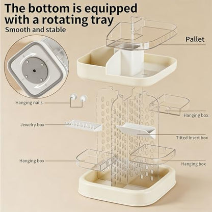 360 Spinning Rotating Makeup Organizer for Vanity with Adjustable Trays Lipstick Earring Storage Makeup Desk Storage Carousel Rack, Cosmetic Display Cases for Dresser Bathroom Holder (Cream)