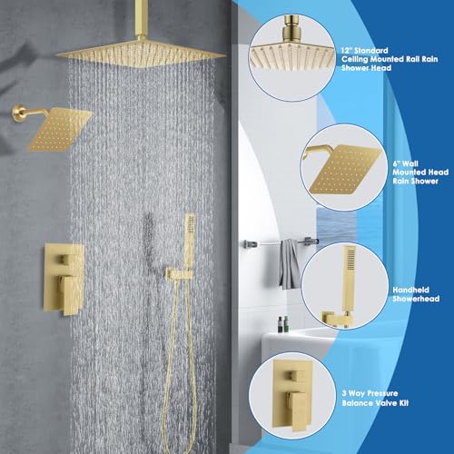 Shower System Dual Shower Heads with 12" Ceiling Mounted Rain Shower Head & 6" Wall Mounted Head Full Body Luxury Rain Shower System 3 Way Pressure Balance Valve Kit, Brushed Gold - color: Brushed Gold, style: 12inch+6inch