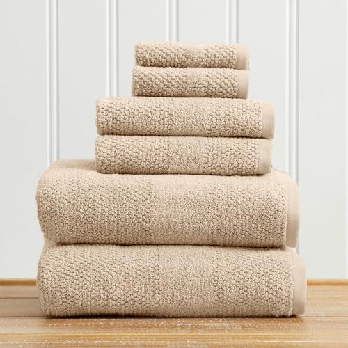 Great Bay Home 100% Cotton 6 Piece Towel Set - Absorbent, Quick-Drying, Textured Weave Bath Towels for Bathroom - Zero-Twist Fibers (Sandstone) - color: Sandstone, size: 6 Piece Set