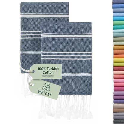 WETCAT Turkish Hand Towels with Hanging Loop, Set of 2 (20" x 30") 100% Turkish Cotton, Pre-Washed, Quick Drying, for Kitchen or Bathroom - Navy Blue - color: Navy Blue