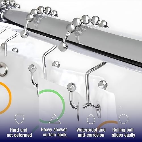 2lbDepot Shower Curtain Rings Hooks - Chrome Finish - Premium 18/8 Stainless Steel - Double Hooks with Easy Glide Rollers Rust Resistant Metal Hook, Six Finishes Available - Set of 12 for Shower Rods - color: Polished Chrome