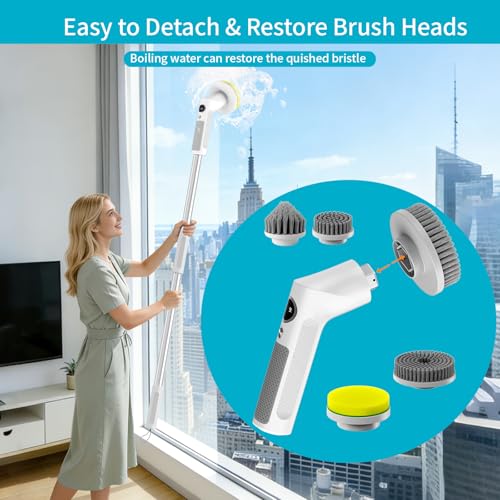 Electric Spin Scrubber Cordless IPX7 Waterproof Electric Scrubber | Cleaning Brush Bathroom Scrubber with 6 Brush Heads, Extendable Long Handle Power Scrubber for Bathtub Floor