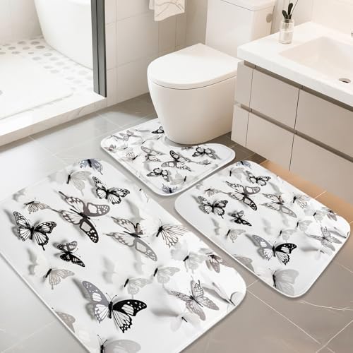 Cute Modern Butterfly Aesthetic Bathroom Rugs and Mats Sets 3 Piece, Memory Foam Bath Mat, U-Shaped Contour Shower Mat Non Slip Absorbent, Velvet Washable 20 x 31 inch Black and White - color: Color16