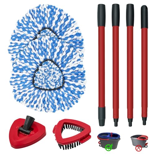Spin Mop Handle, Mop Heads Replacements,Scrubber Brush and Mop Base Compatible with Ocedar RinseClean 2-Tank System, Mop Handle and Head Replacement Combo Set for Wet Dry Use Floor Cleaning - size: 4 pack mop heads set
