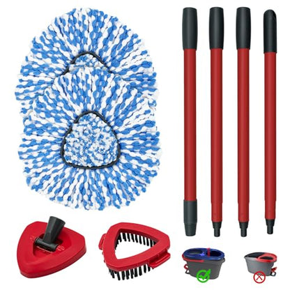 Spin Mop Handle, Mop Heads Replacements,Scrubber Brush and Mop Base Compatible with Ocedar RinseClean 2-Tank System, Mop Handle and Head Replacement Combo Set for Wet Dry Use Floor Cleaning - size: 4 pack mop heads set