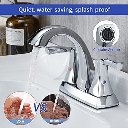 VXV Chrome Bathroom Faucet, 2 Handles Low Arc Bathroom Sink Faucets, 4 Inch Centerset Bath Lavatory Faucets with Pop-up Drain & Supply Lines (CP) - color: Chrome-4 inches